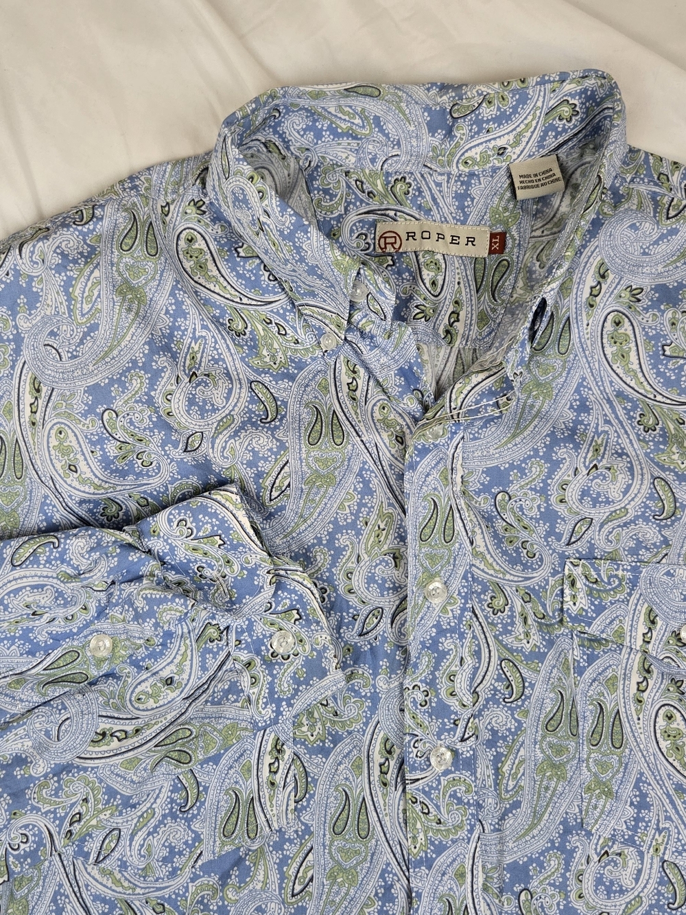 Roper Men's Blue Green Paisley Western Button Up Shirt Long Sleeve Cotton - XL